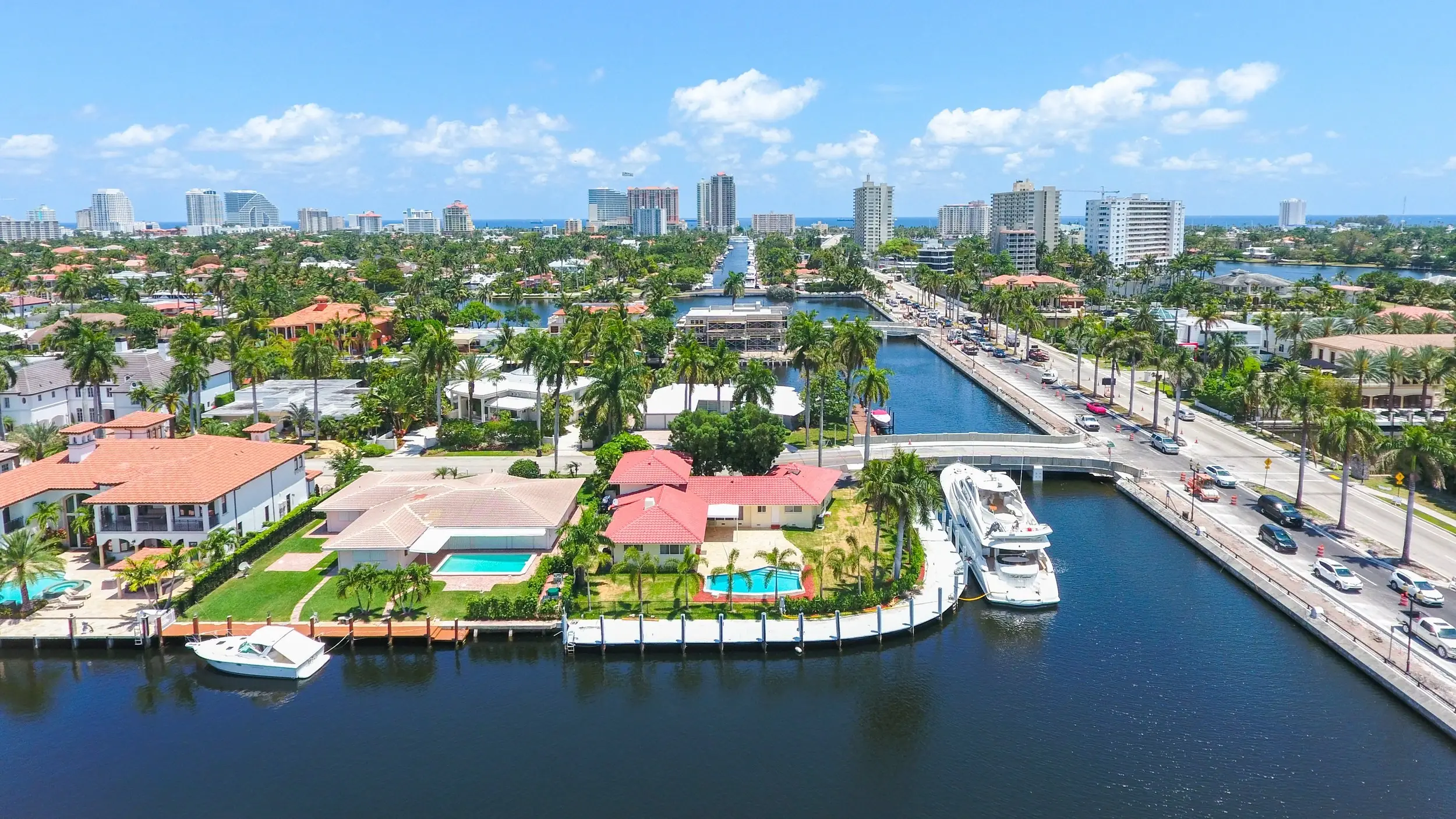 Aerial view of a Florida coastal neighborhood surveyed after a hurricane event